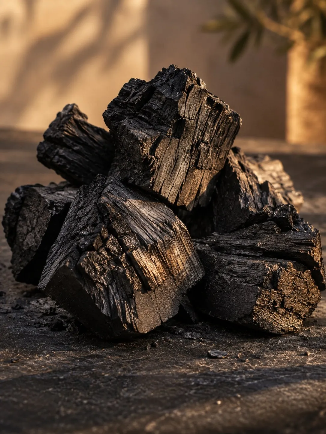 Large hardwood charcoal chunks catching warm sunlight