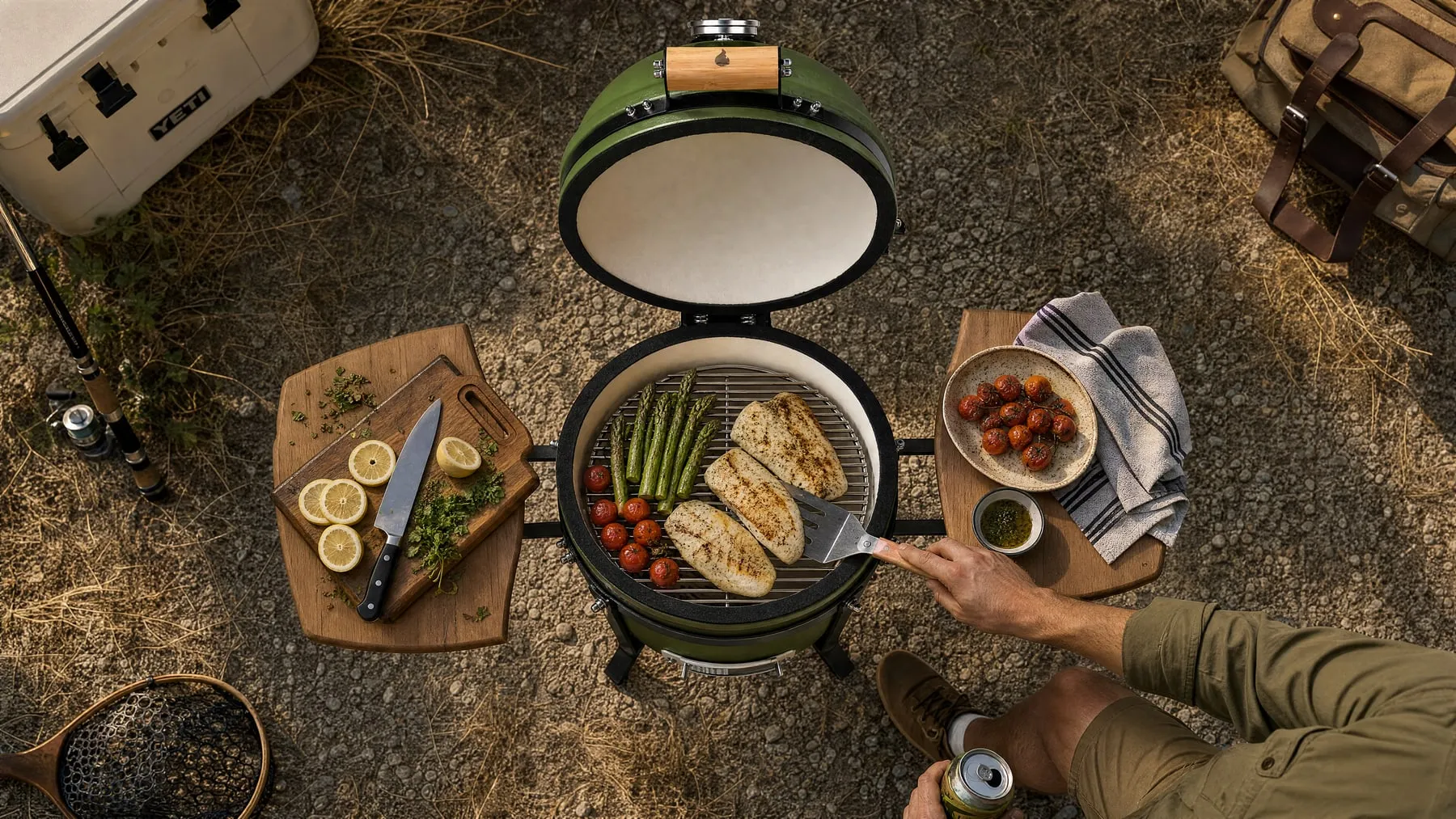 Fish fillets, asparagus and tomatoes on an open green kamado, seen from above