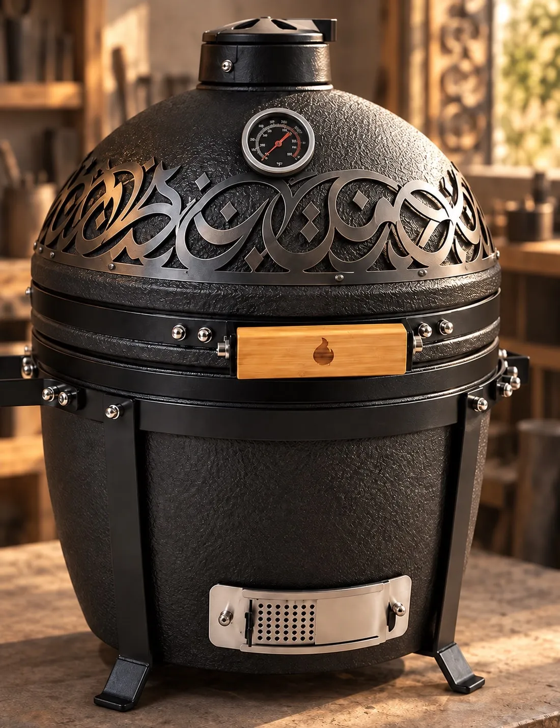 Black kamado with a laser-cut Diwani calligraphy band around the dome