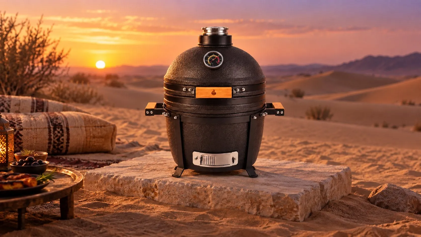 A black kamado on a stone platform in the dunes at sunset