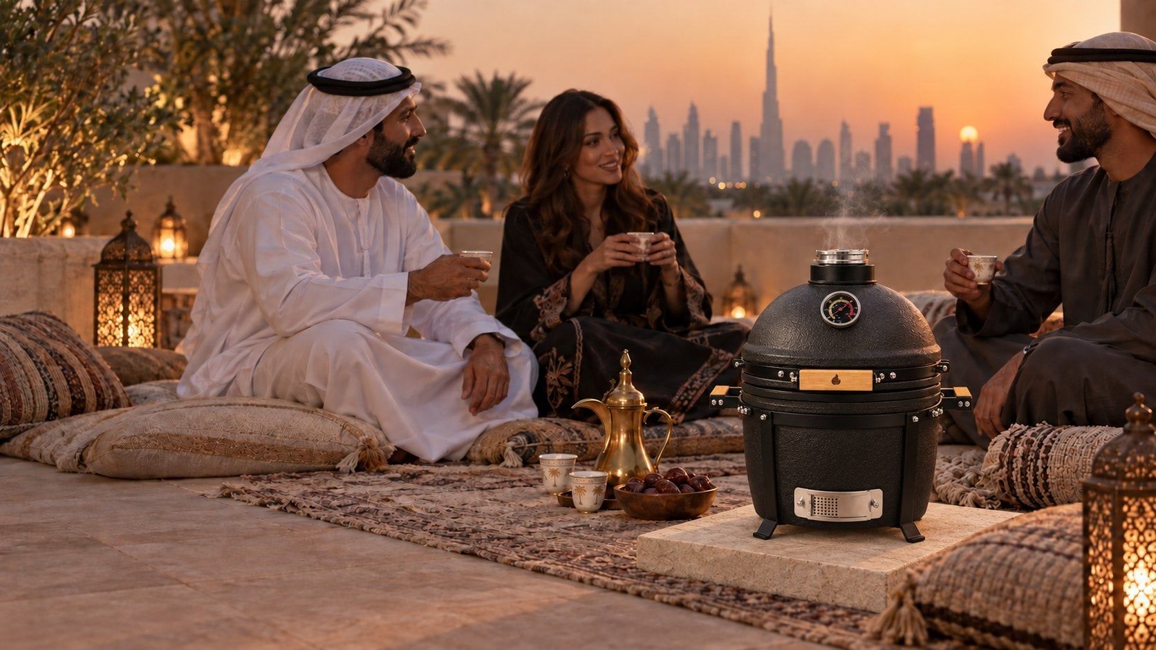 Outdoor majlis at dusk — cushions, gahwa and a kamado on low coals