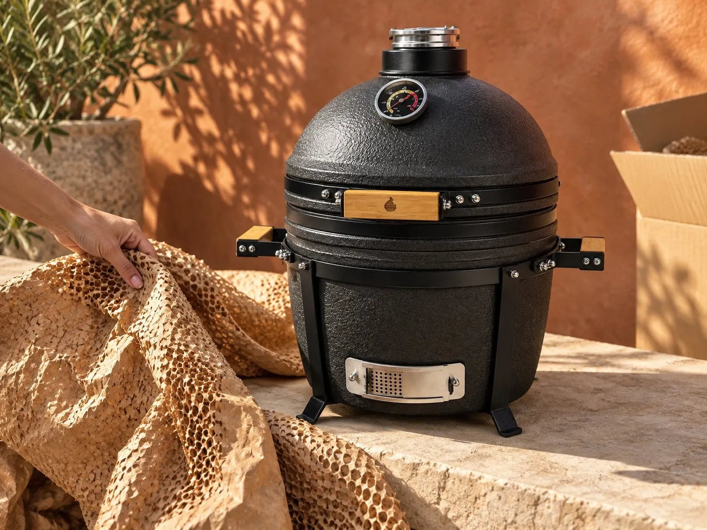 A black kamado being unwrapped from its paper packing