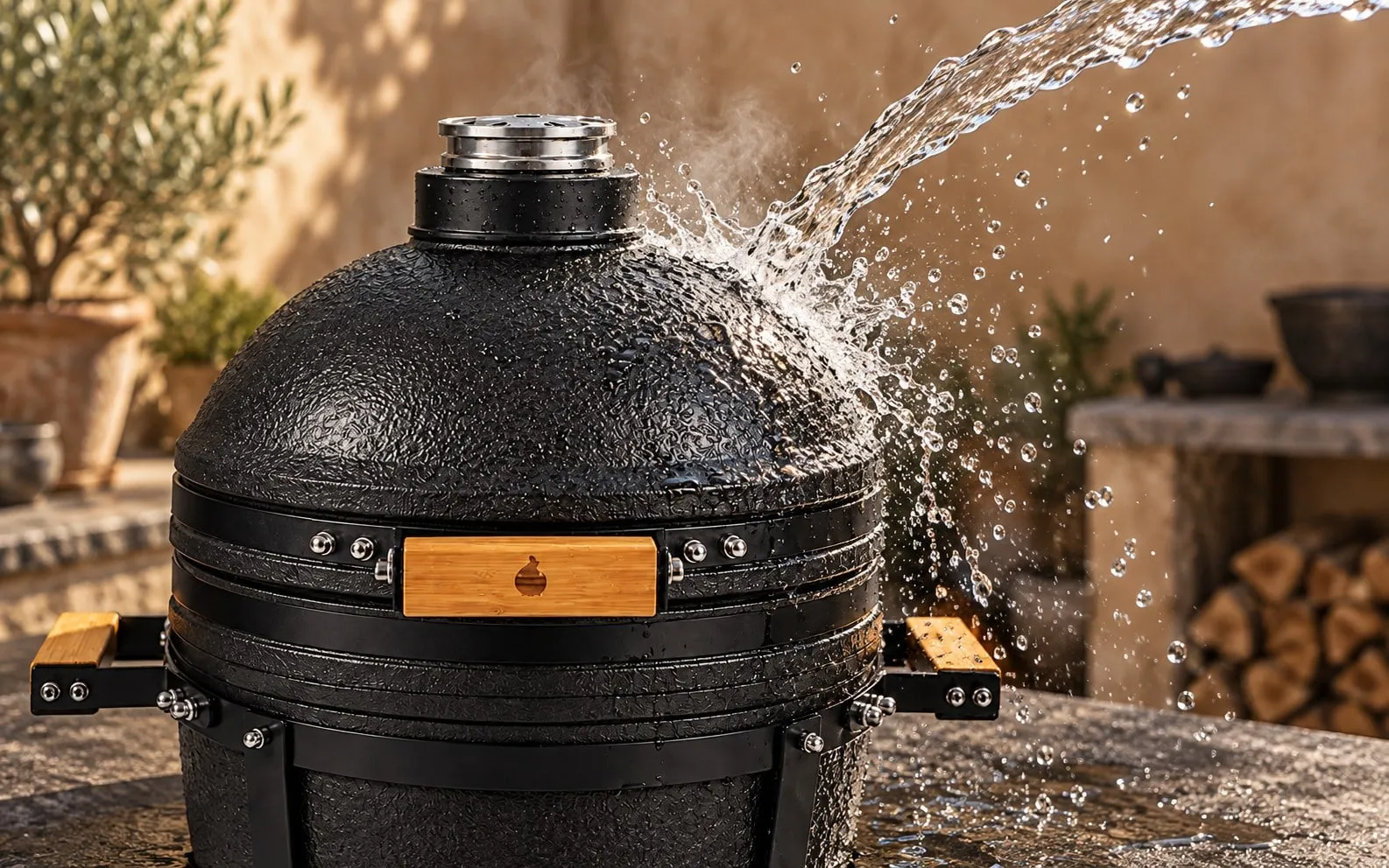 Illustration of water splashing across a black ceramic kamado dome