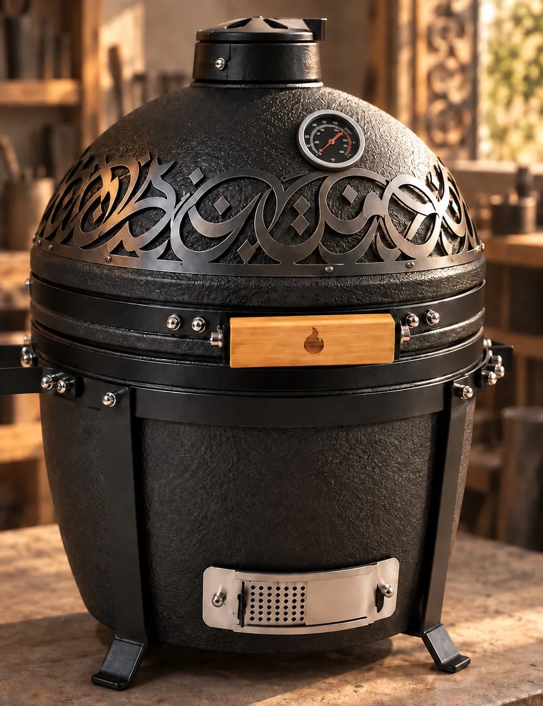 Laser-cut Diwani calligraphy band on a black 15″ kamado
