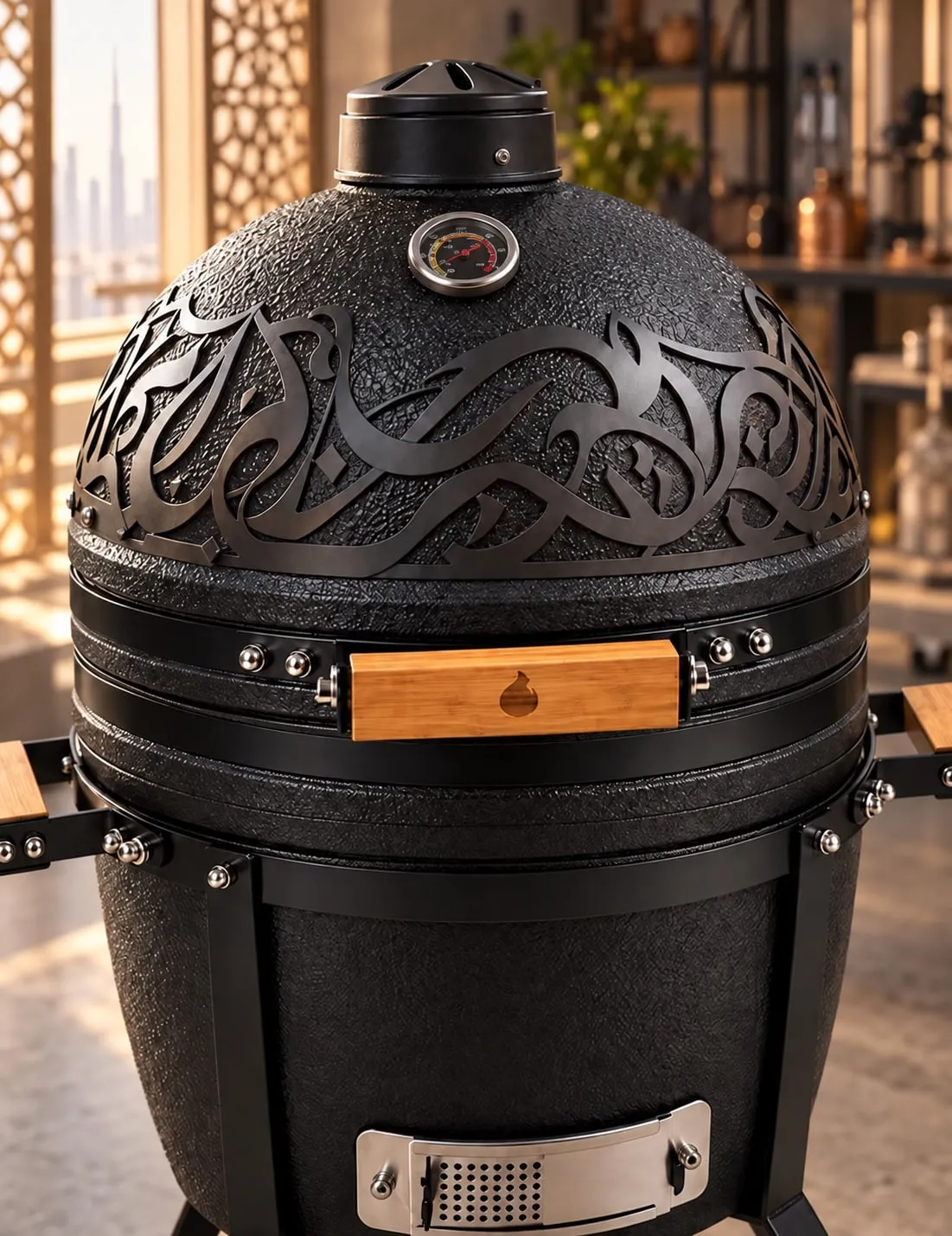 Close-up of the steel calligraphy band around the dome