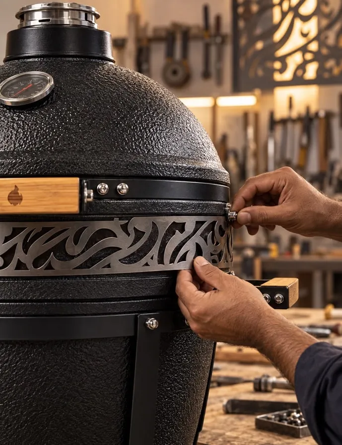 Hands fitting a laser-cut steel calligraphy band around a black kamado