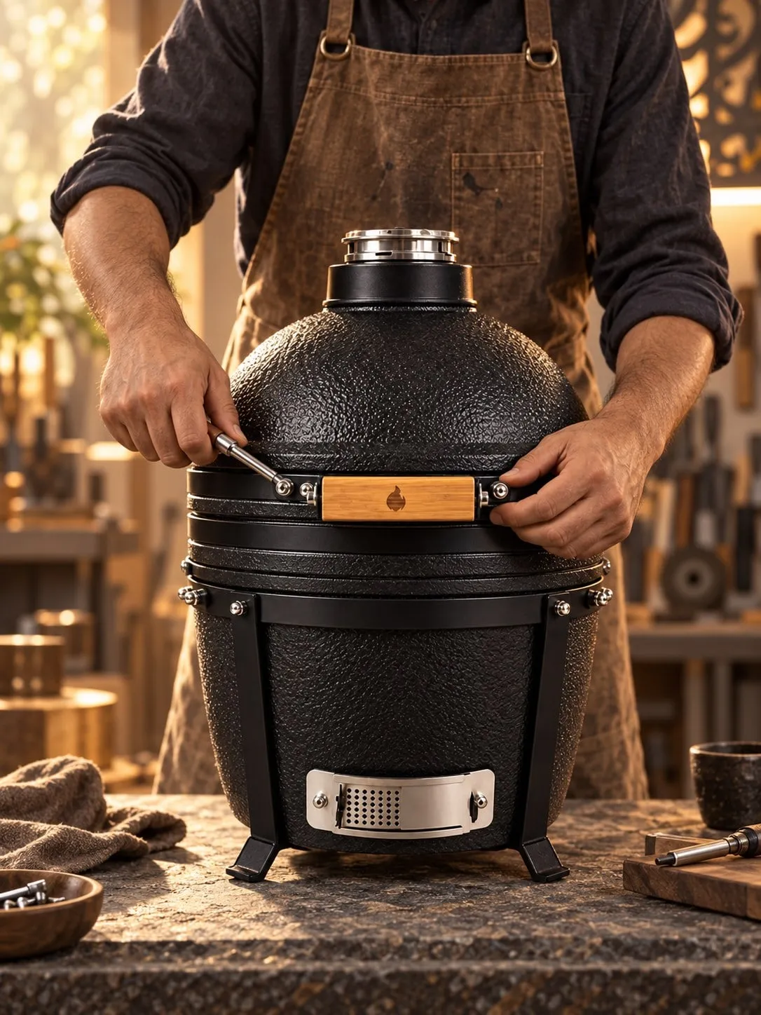 Illustrative scene of an anonymous craftsperson assembling a black kamado