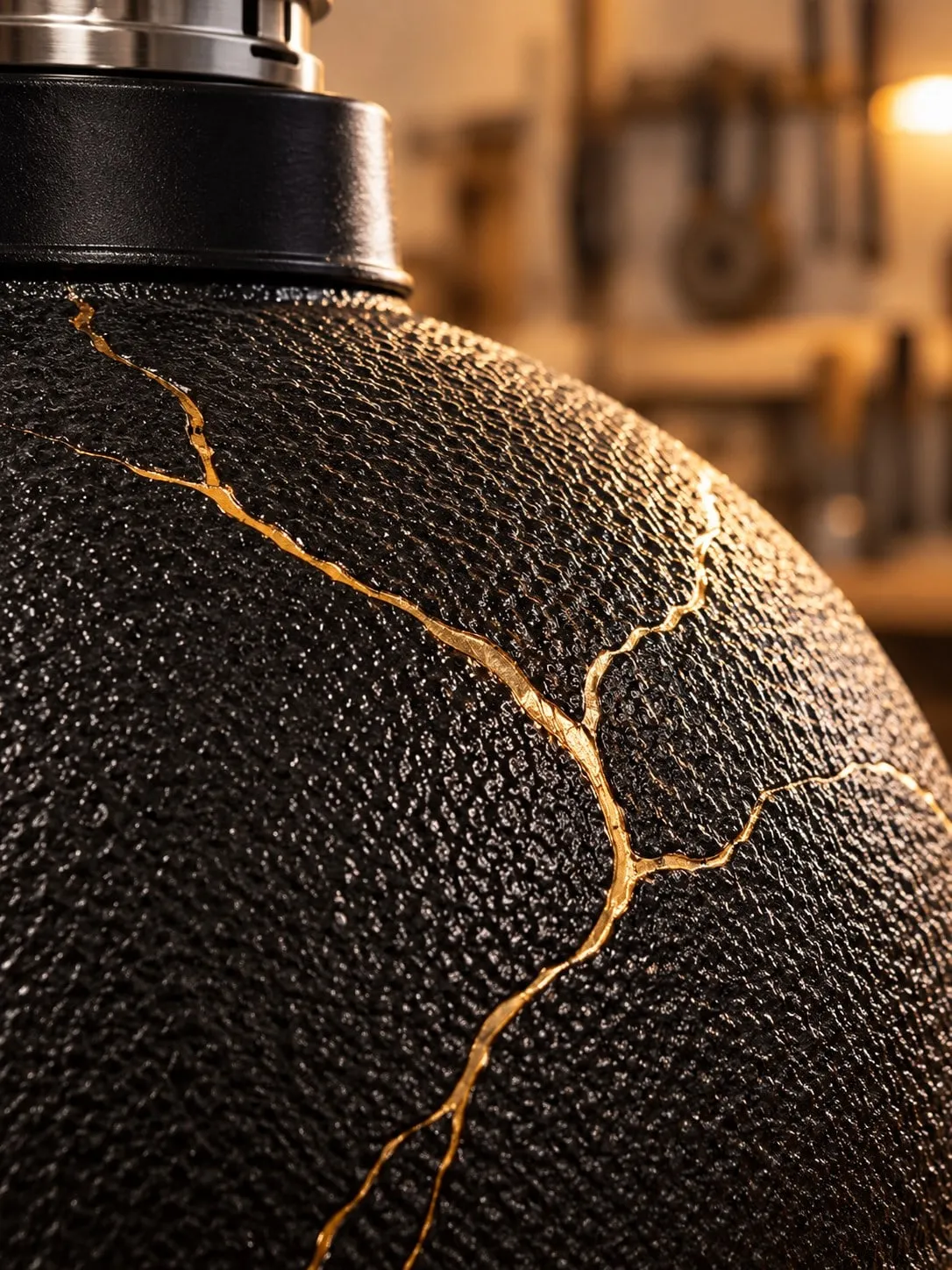 Gold kintsugi seams across textured black ceramic