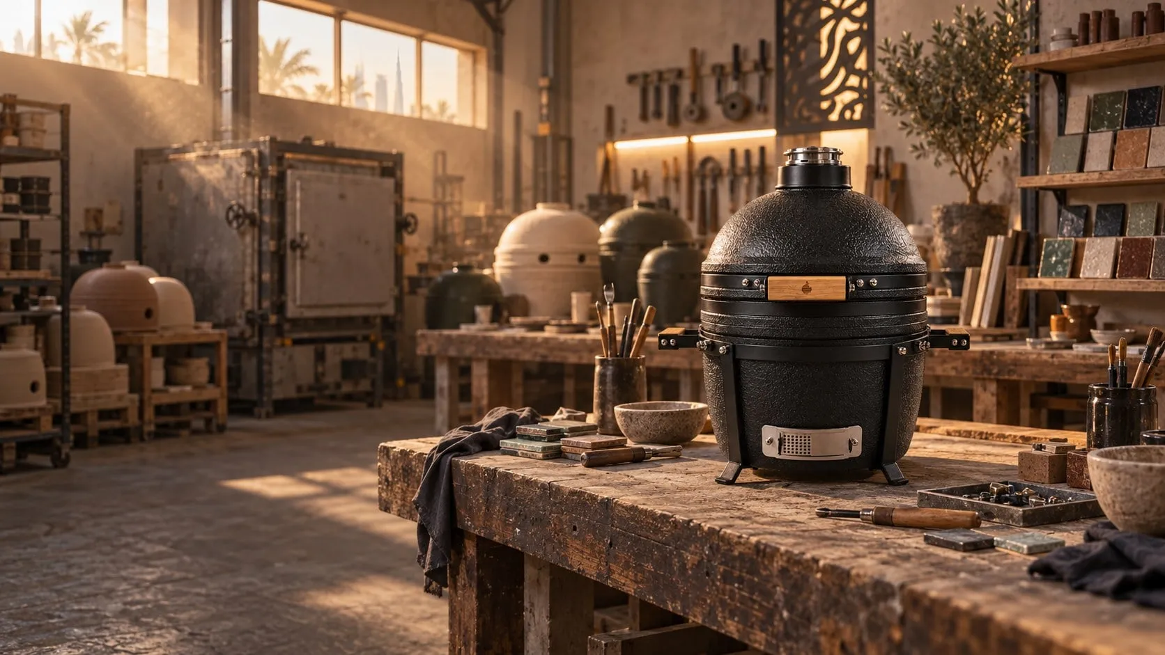 Illustrative ceramic workshop with a kiln, glaze samples and a finished black kamado